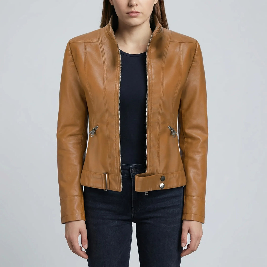 Zephirra - Chaqueta de motorista con cuello alto y cremallera frontal