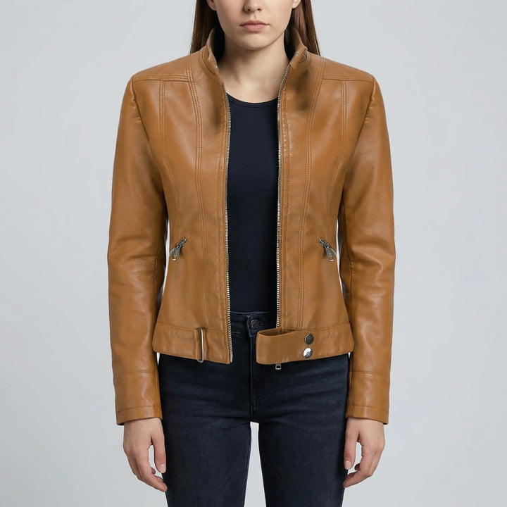 Zephirra - Chaqueta de motorista con cuello alto y cremallera frontal