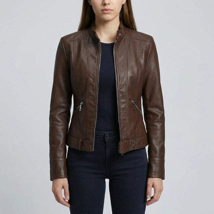 Zephirra - Chaqueta de motorista con cuello alto y cremallera frontal