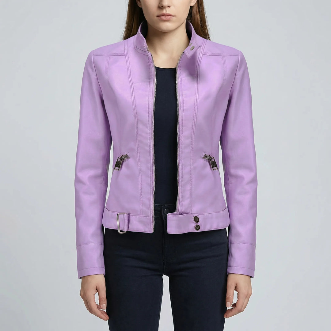 Zephirra - Chaqueta de motorista con cuello alto y cremallera frontal