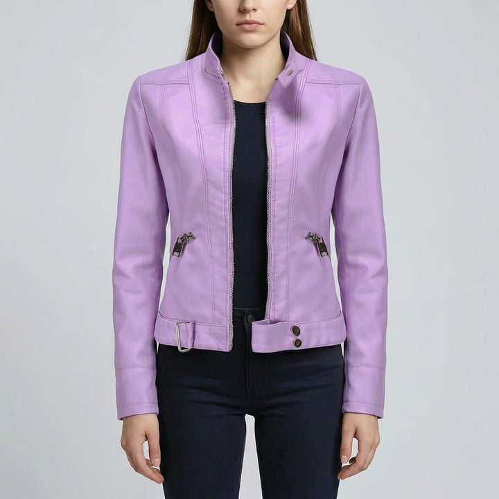 Zephirra - Chaqueta de motorista con cuello alto y cremallera frontal