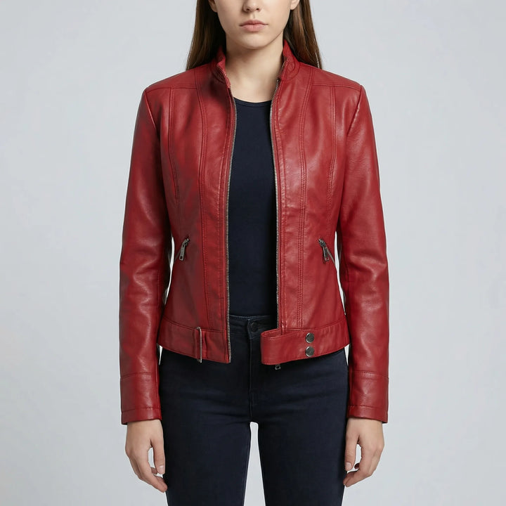 Zephirra - Chaqueta de motorista con cuello alto y cremallera frontal