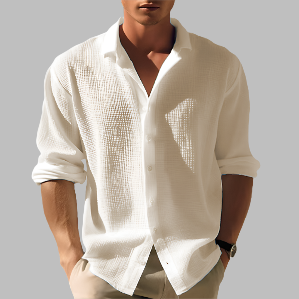 Camisa ligera de algodón y lino de color sólido para hombres