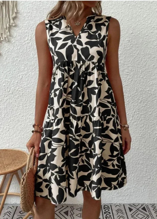 Elegante vestido de verano con cuello en V y silueta femenina