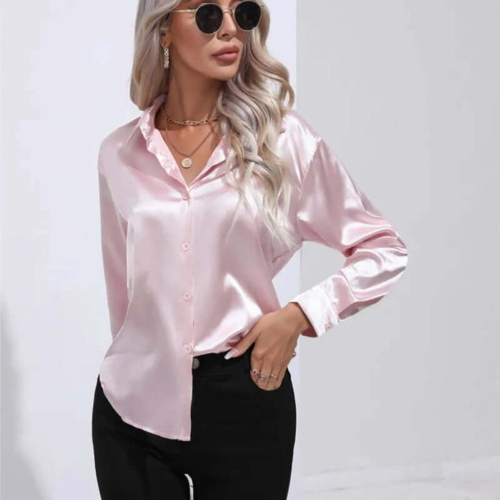 Blusa de Satín Suelta de Manga Larga para Mujer