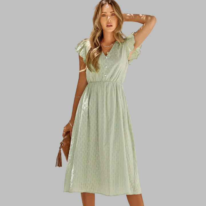 Vestido Midi con Volantes y Cuello en V Fluido para Mujer