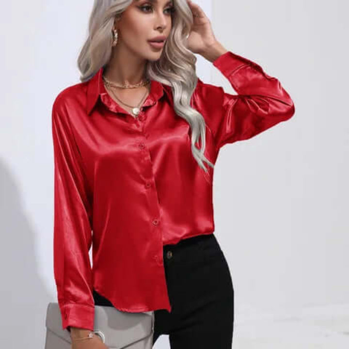 Blusa de Satín Suelta de Manga Larga para Mujer