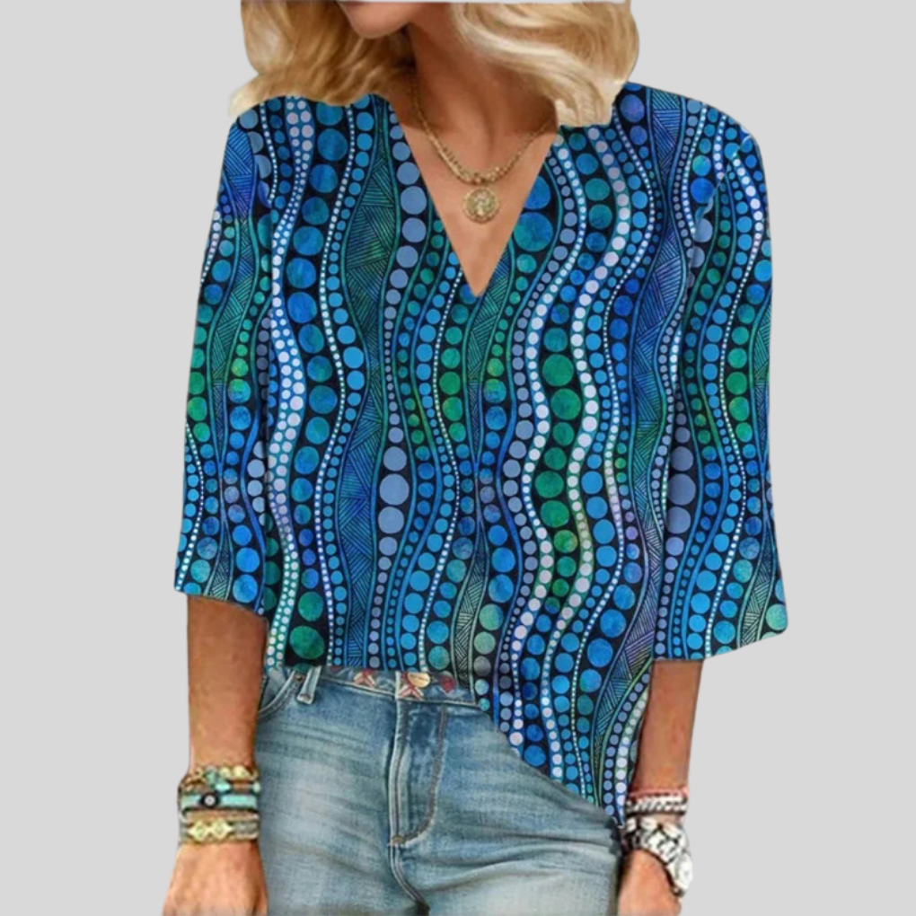 Blusa Abstracta con Puntos y Cuello en V Flattering