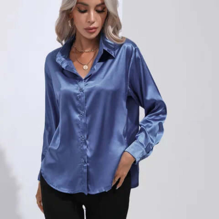 Blusa de Satín Suelta de Manga Larga para Mujer