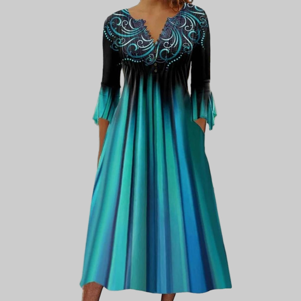 Vestido Casual de Mangas 3/4 con V de Rayas Ombre Verde – Degradado de Color
