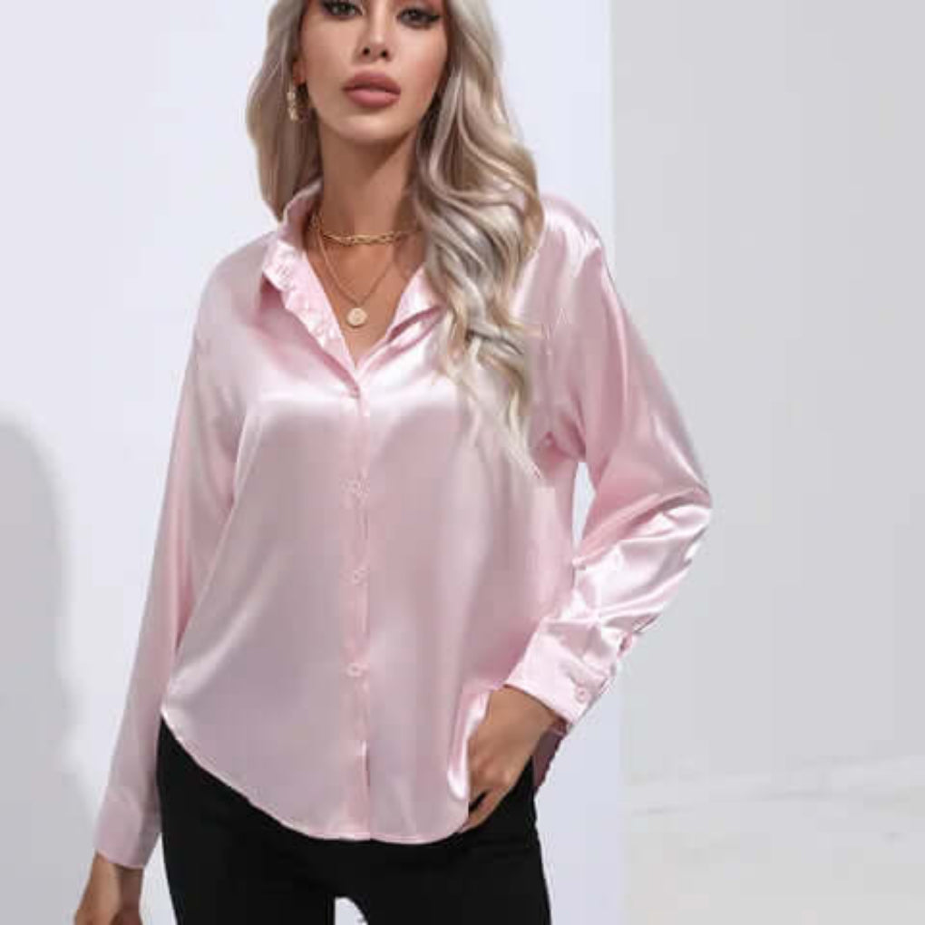 Blusa de Satín Suelta de Manga Larga para Mujer