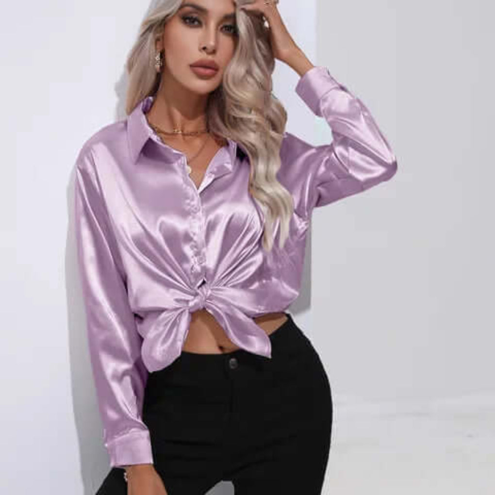 Blusa de Satín Suelta de Manga Larga para Mujer
