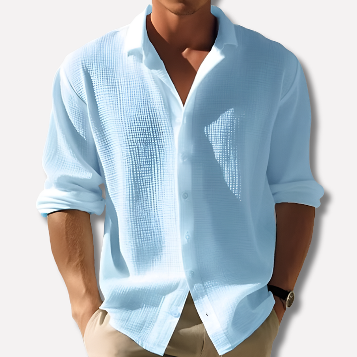 Camisa ligera de algodón y lino de color sólido para hombres