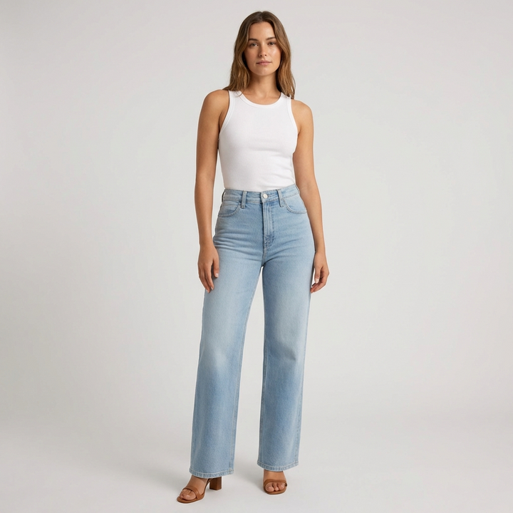 Pantalones Vaqueros de Mujer de Alta Cintura y Pierna Recta – Estilo Casual Recortado