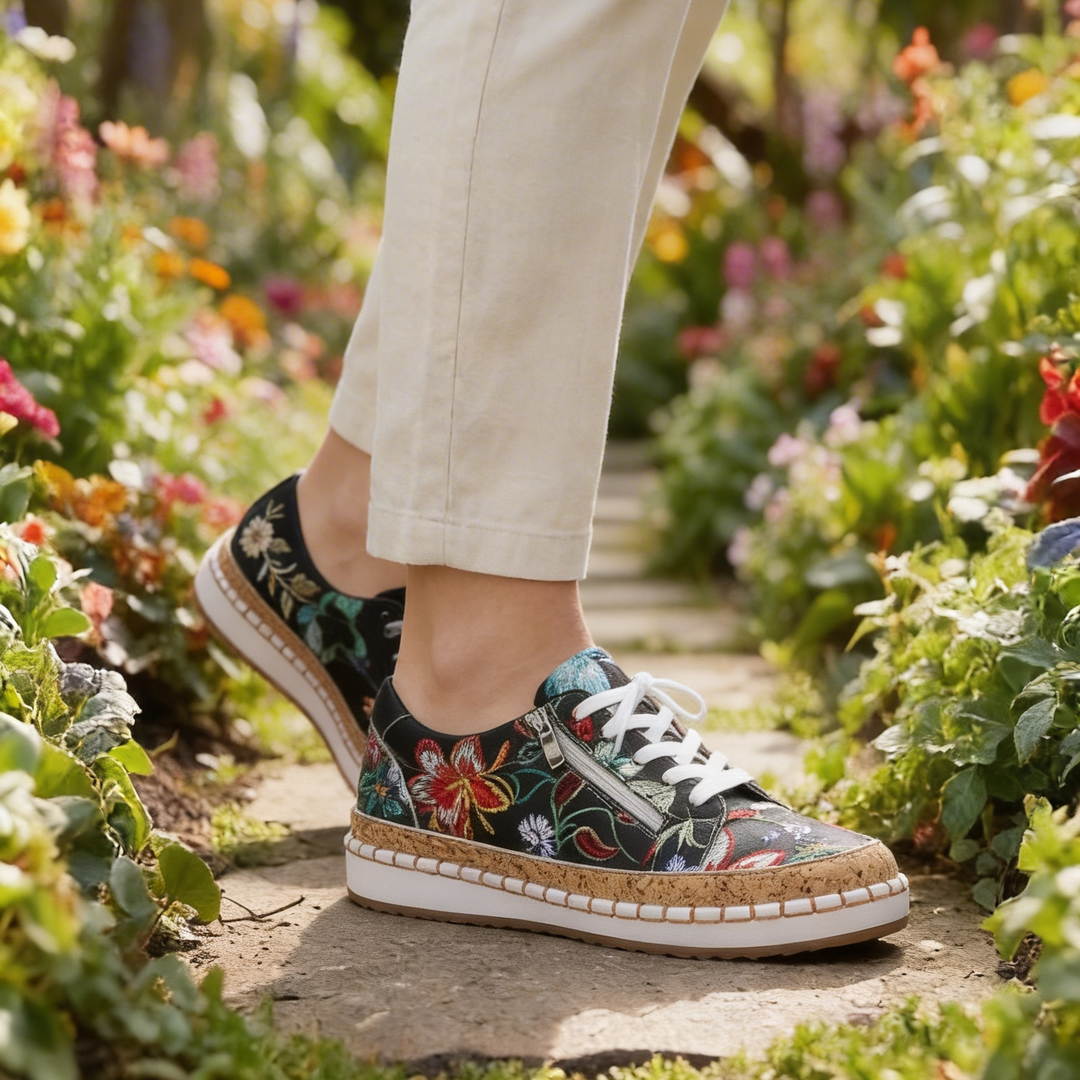 Zapatilla de Mujer con Estampado Floral y Cordones Planos
