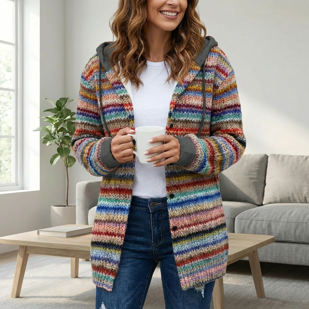 Cardigan de Punto con Capucha a Rayas Multicolor para Mujeres