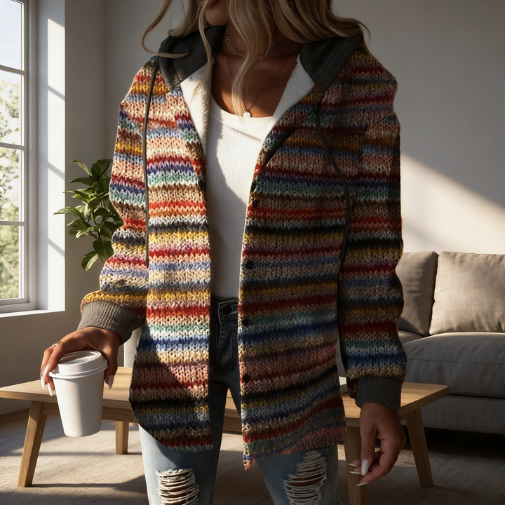 Cardigan de Punto con Capucha a Rayas Multicolor para Mujeres