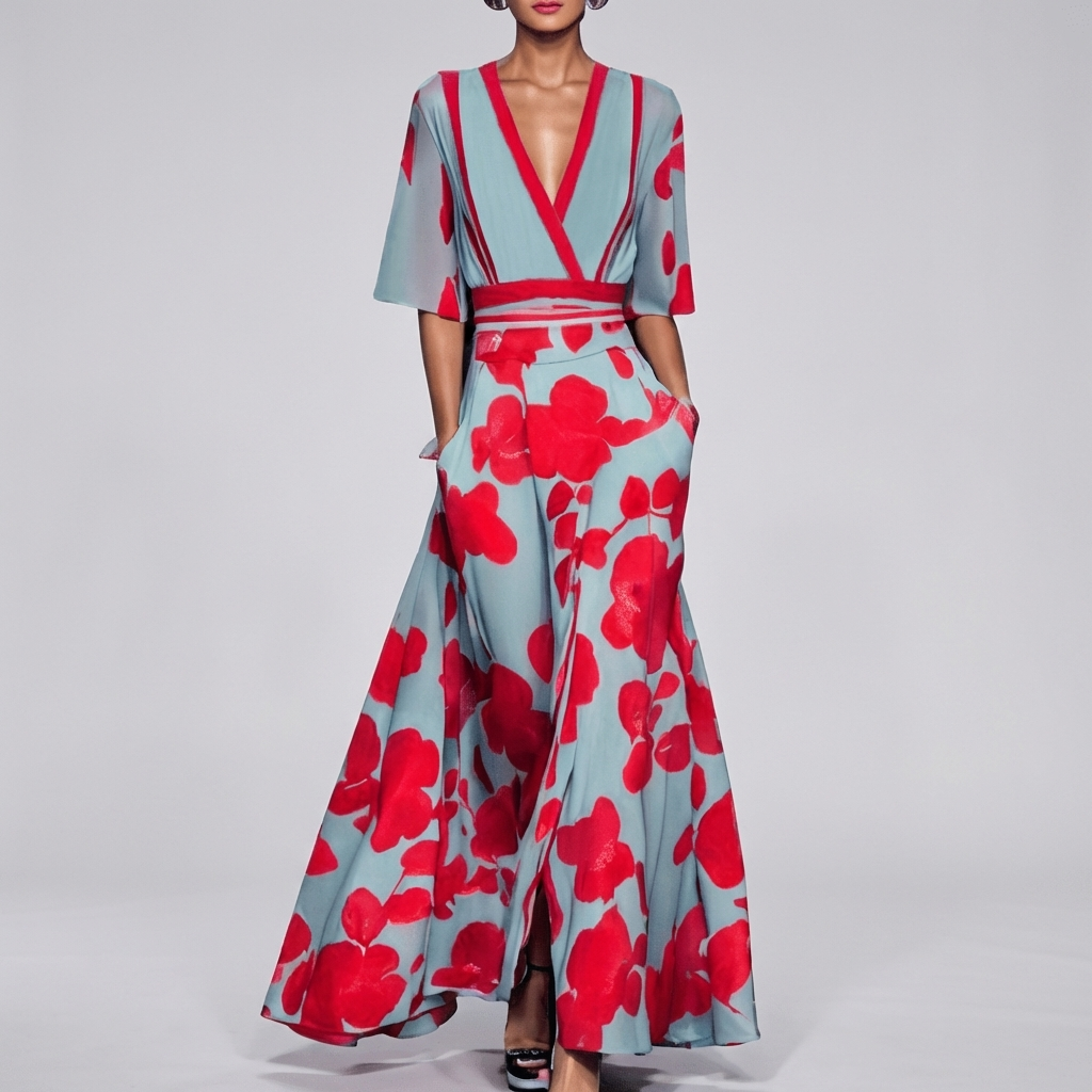 Vestido largo floral con cuello en V para mujeres, vista 2