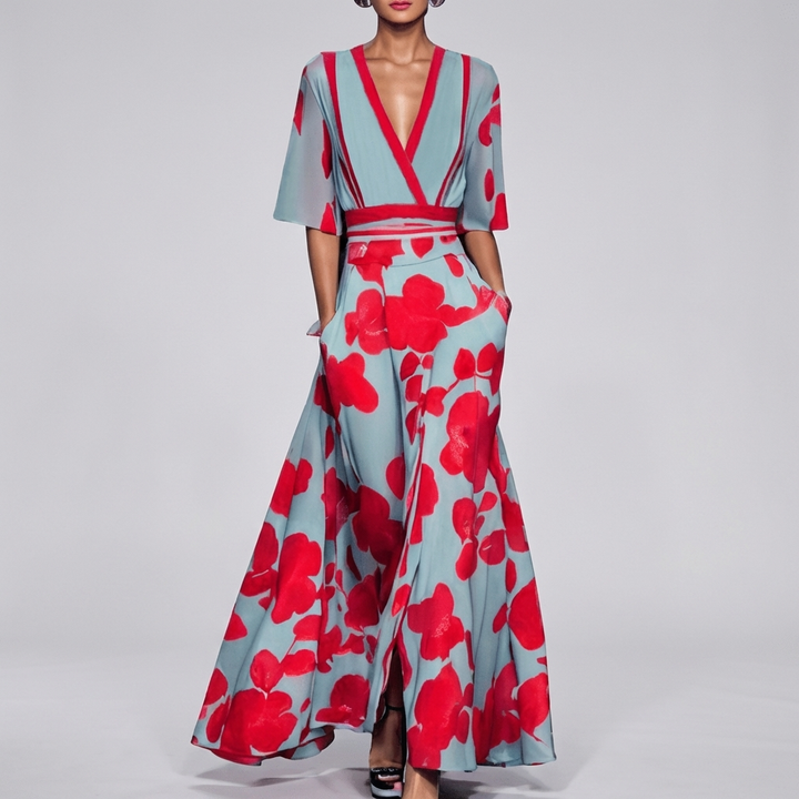 Vestido largo floral con cuello en V para mujeres, vista 2