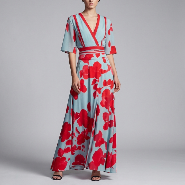 Vestido largo floral con cuello en V para mujeres, vista 3