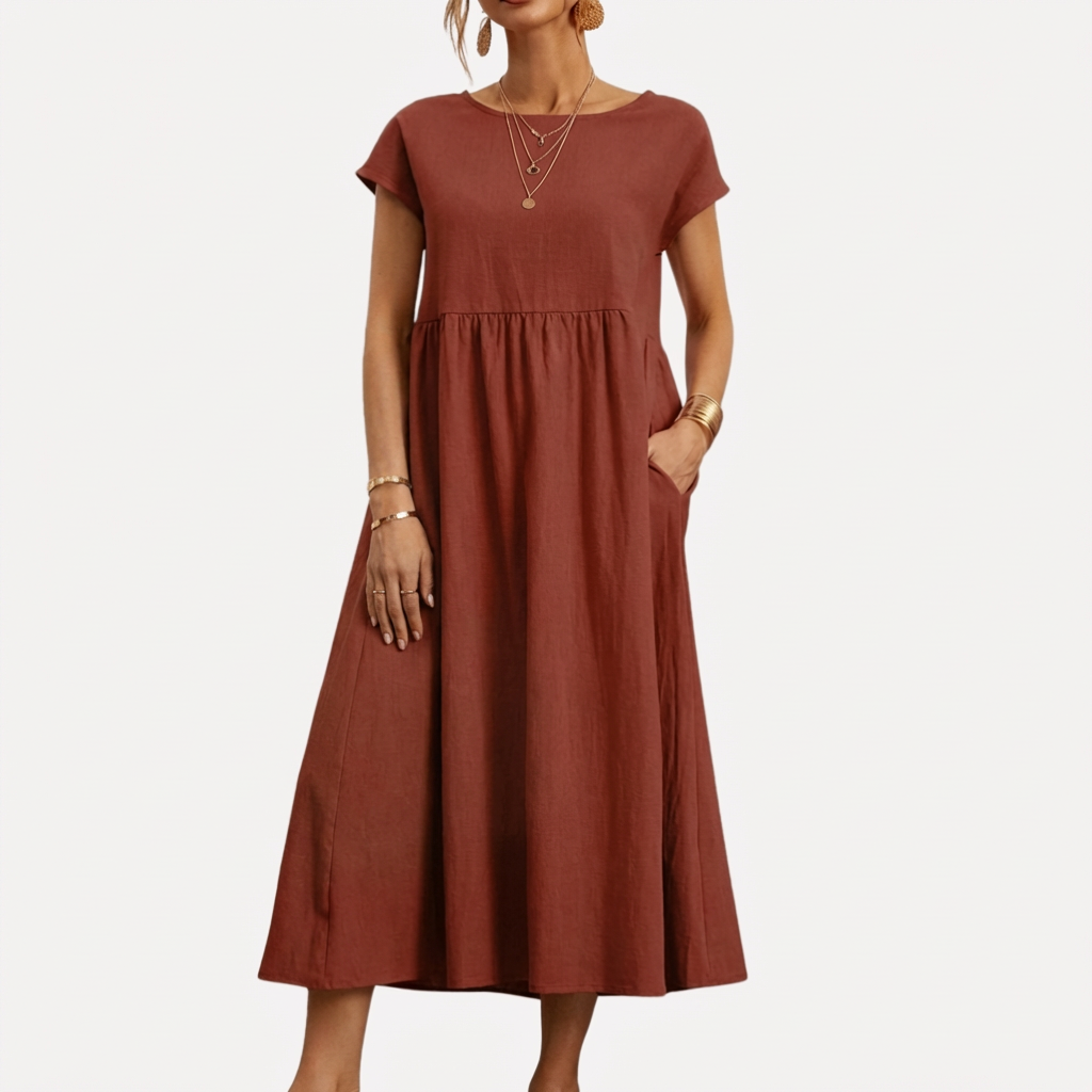 Vestido de Algodón Vintage con Cuello O para Mujeres