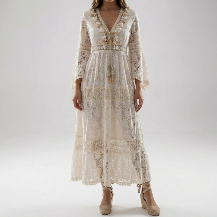 Vestido Maxi de Encaje con Mangas Acampanadas