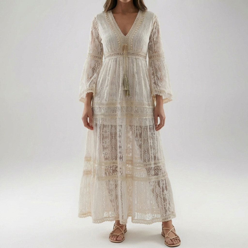Vestido Maxi de Encaje con Mangas Acampanadas