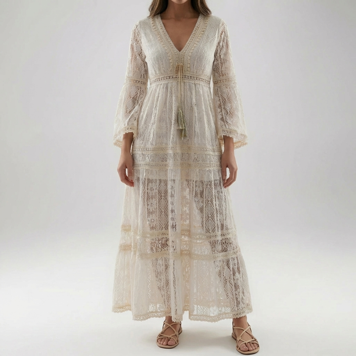 Vestido Maxi de Encaje con Mangas Acampanadas