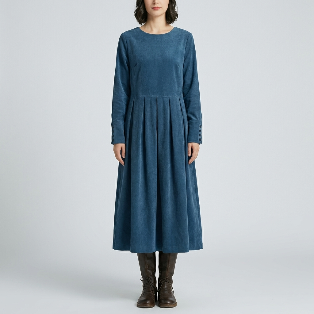 Vestido Midi Plisado de Manga Larga
