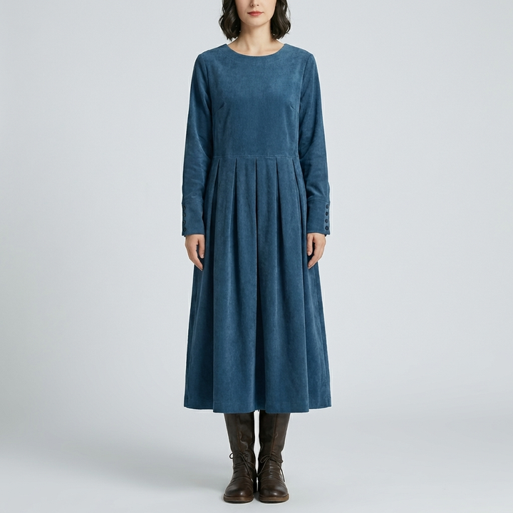 Vestido Midi Plisado de Manga Larga
