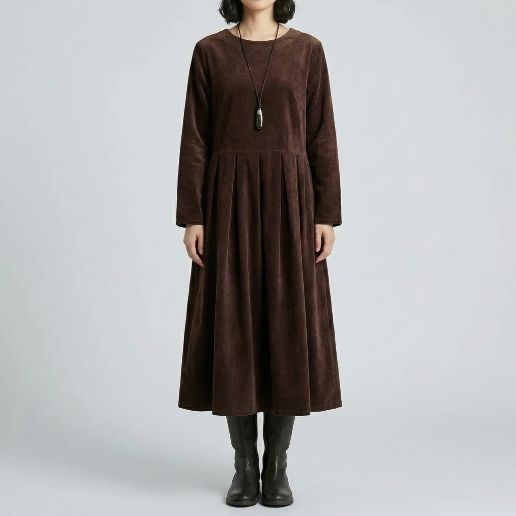 Vestido Midi Plisado de Manga Larga