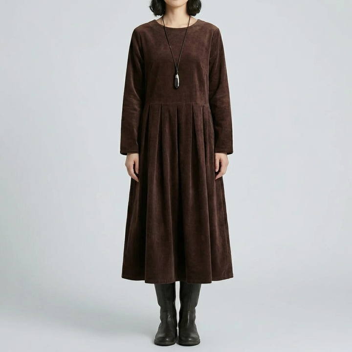 Vestido Midi Plisado de Manga Larga