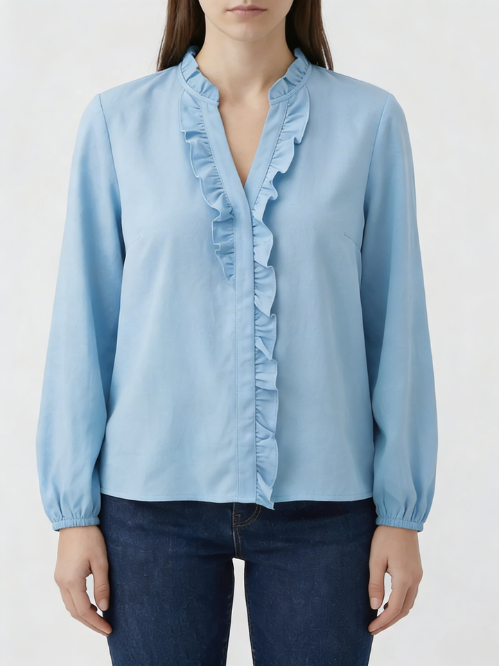 Blusa de Manga Larga con V Escote y Volantes