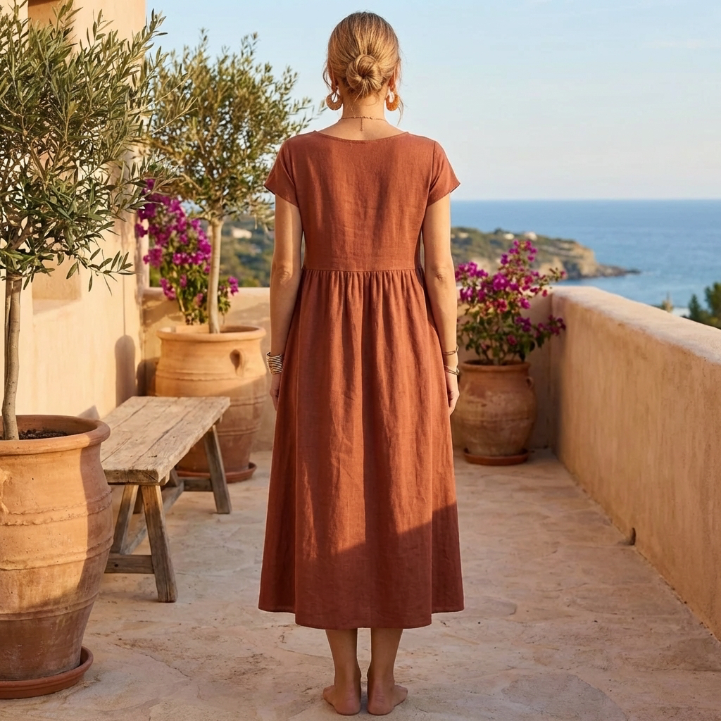 Vestido de Algodón Vintage con Cuello O para Mujeres