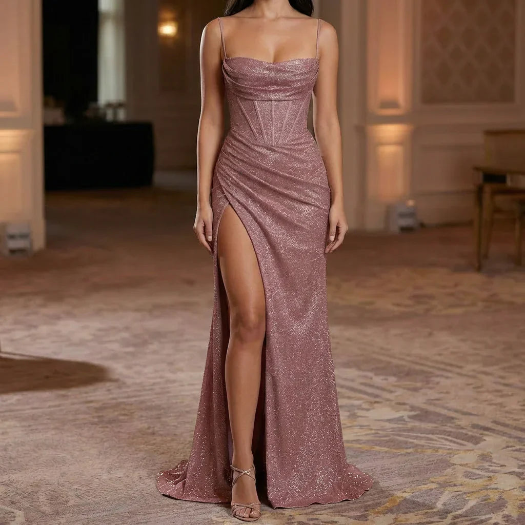 Vestido de Noche hasta el Suelo con Tirantes de Espagueti y Alta División