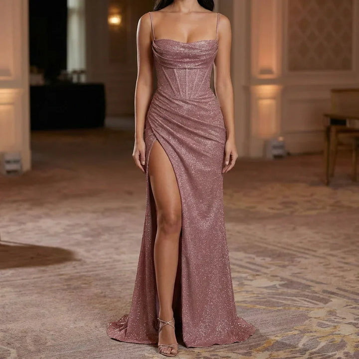 Vestido de Noche hasta el Suelo con Tirantes de Espagueti y Alta División