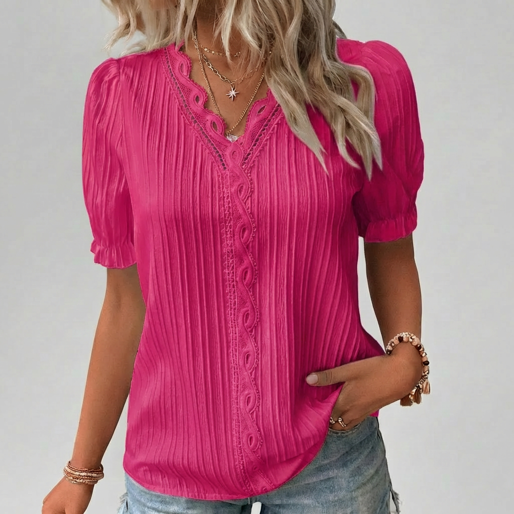 Blusa de Encaje Elegante con Cuello en V para Mujeres