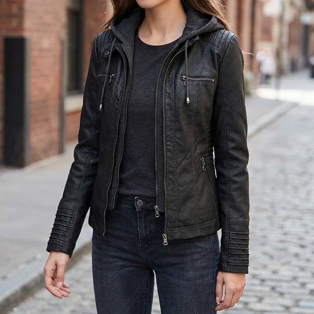 Chaqueta Moto de Cuero Sintético con Capucha para Mujeres
