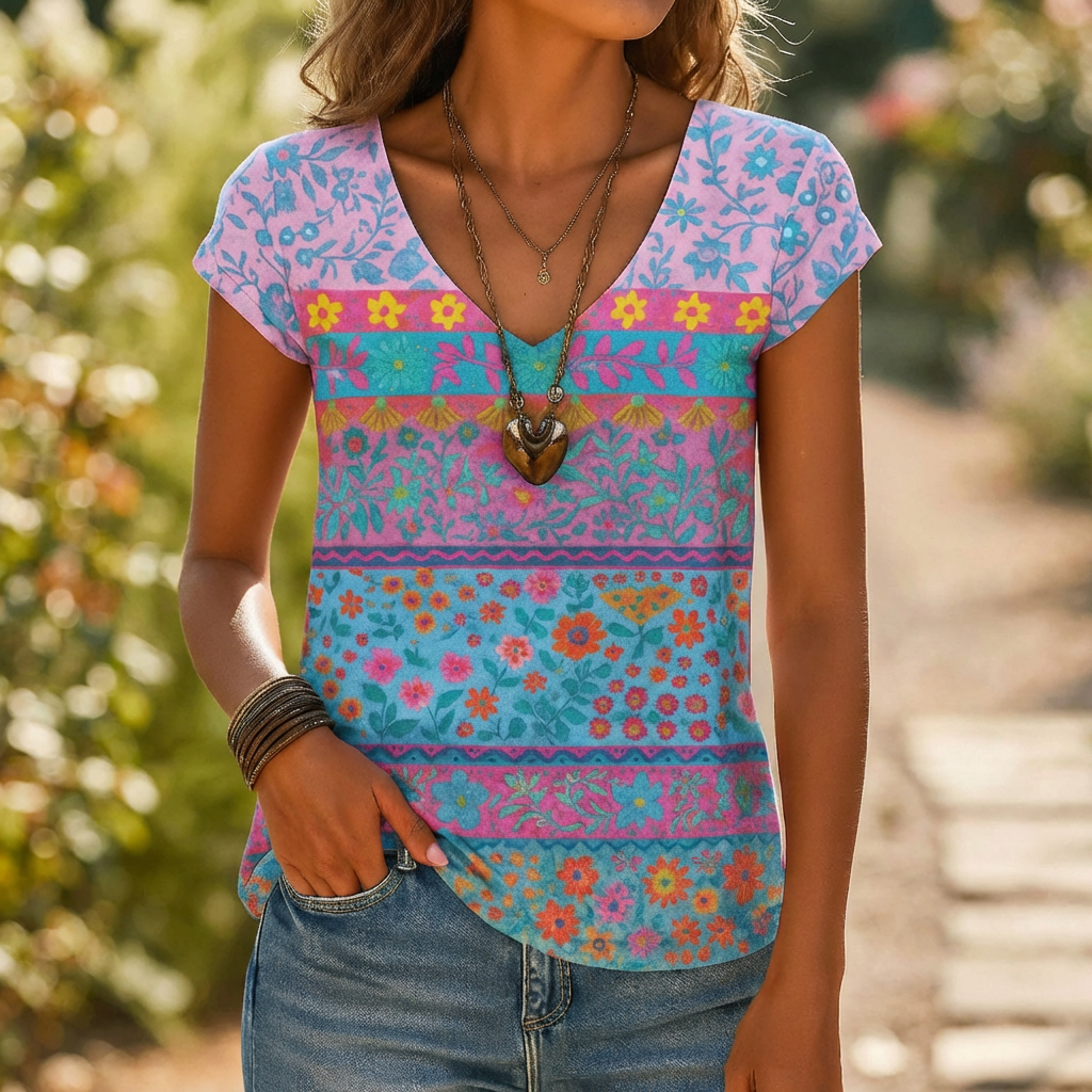 Camiseta Casual con Estampado Floral y Cuello en V