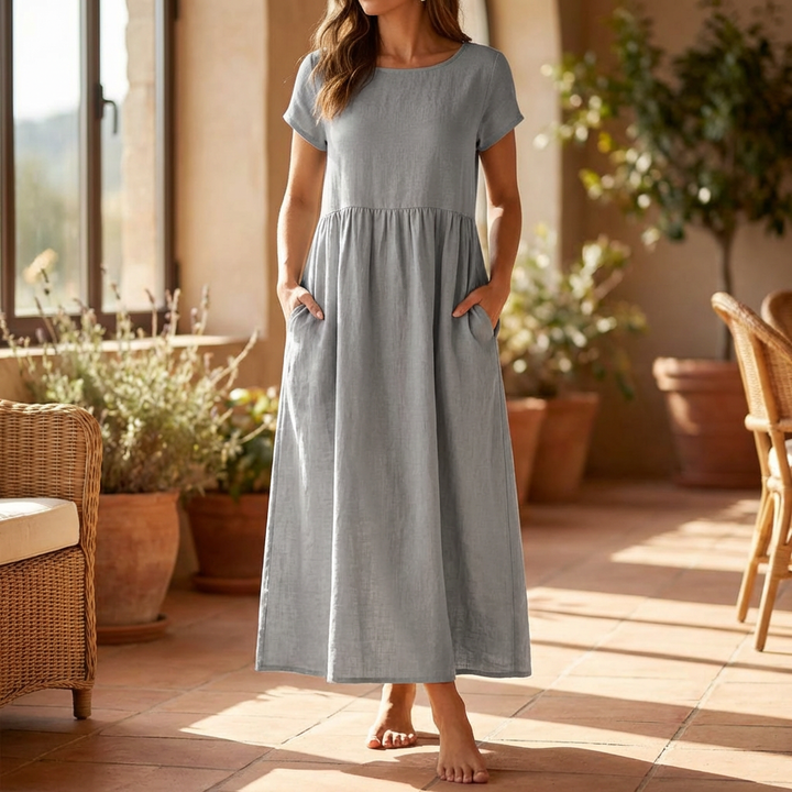 Vestido Maxi de Algodón y Lino Vintage para Mujeres