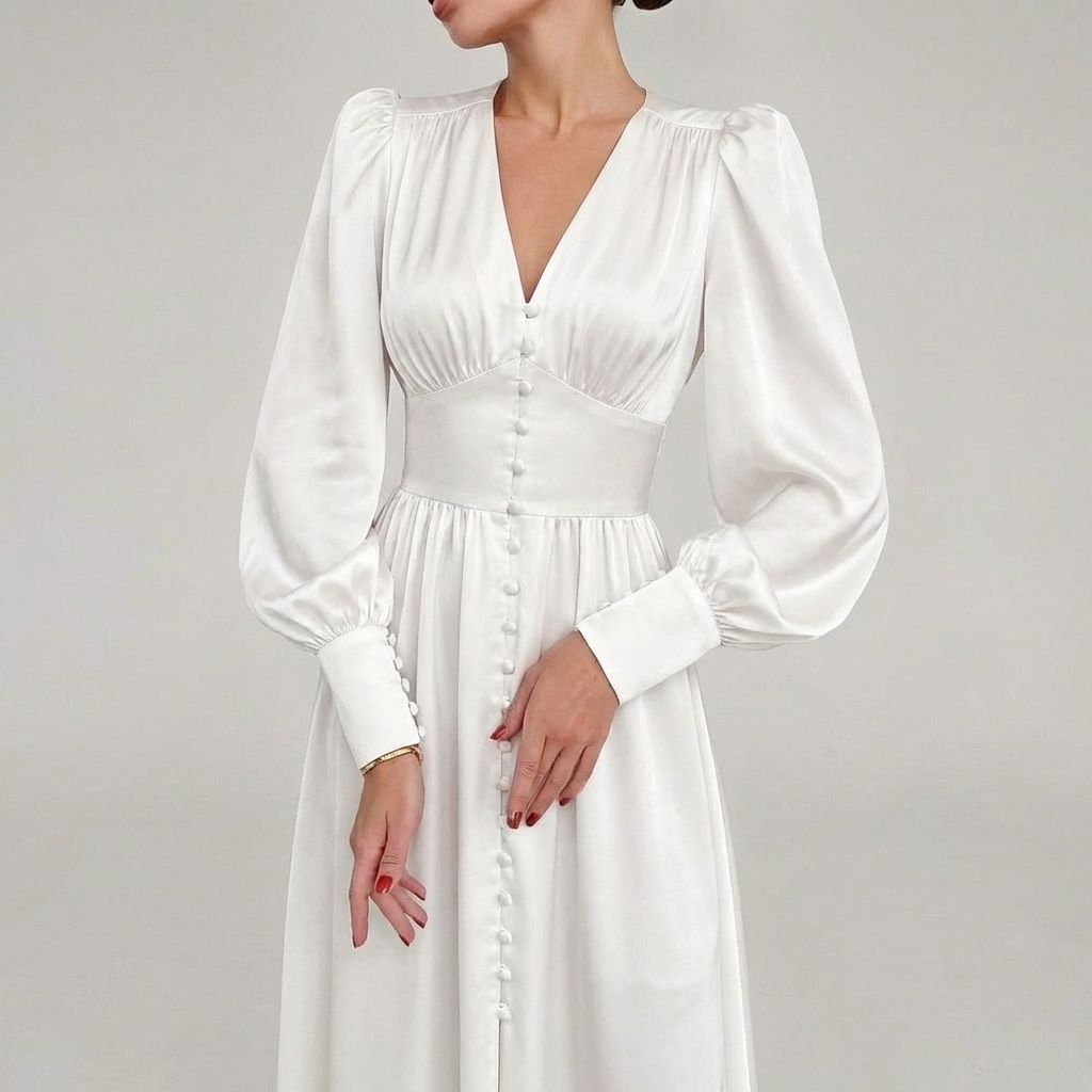 Vestido Maxi de Satén Elegante con Escote en V para Mujeres