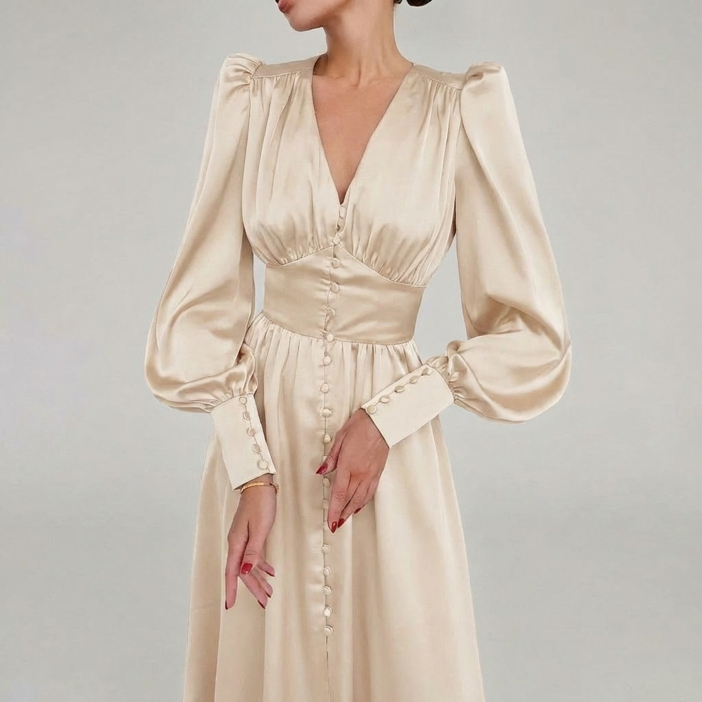 Vestido Maxi de Satén Elegante con Escote en V para Mujeres