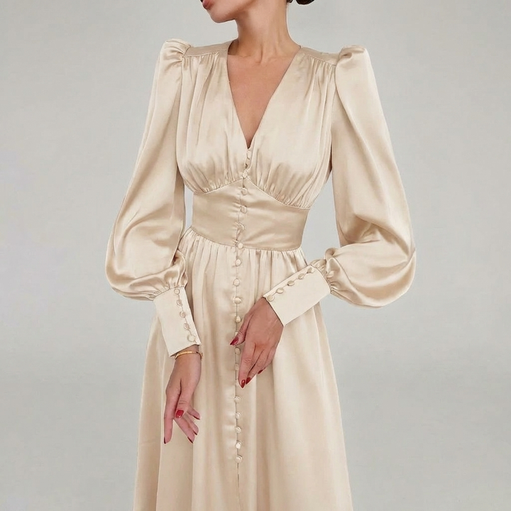 Vestido Maxi de Satén Elegante con Escote en V para Mujeres