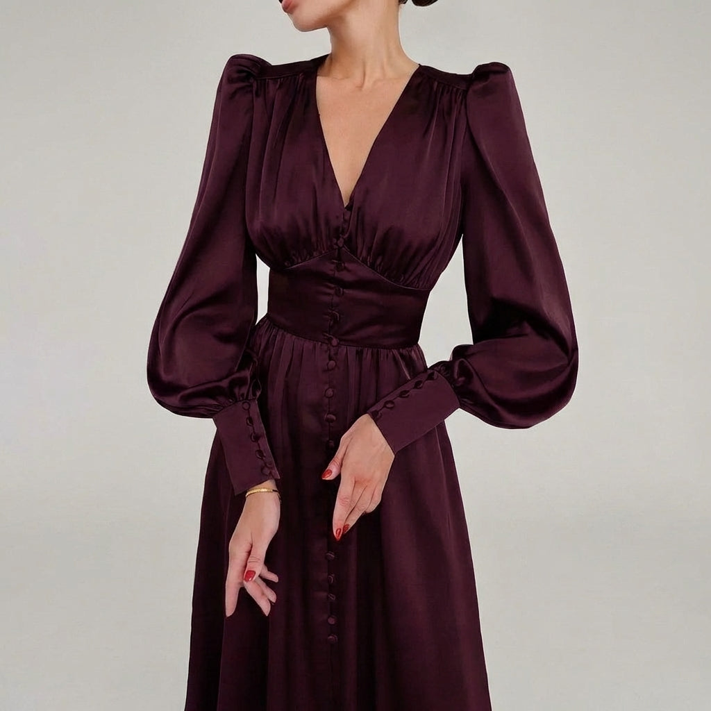 Vestido Maxi de Satén Elegante con Escote en V para Mujeres