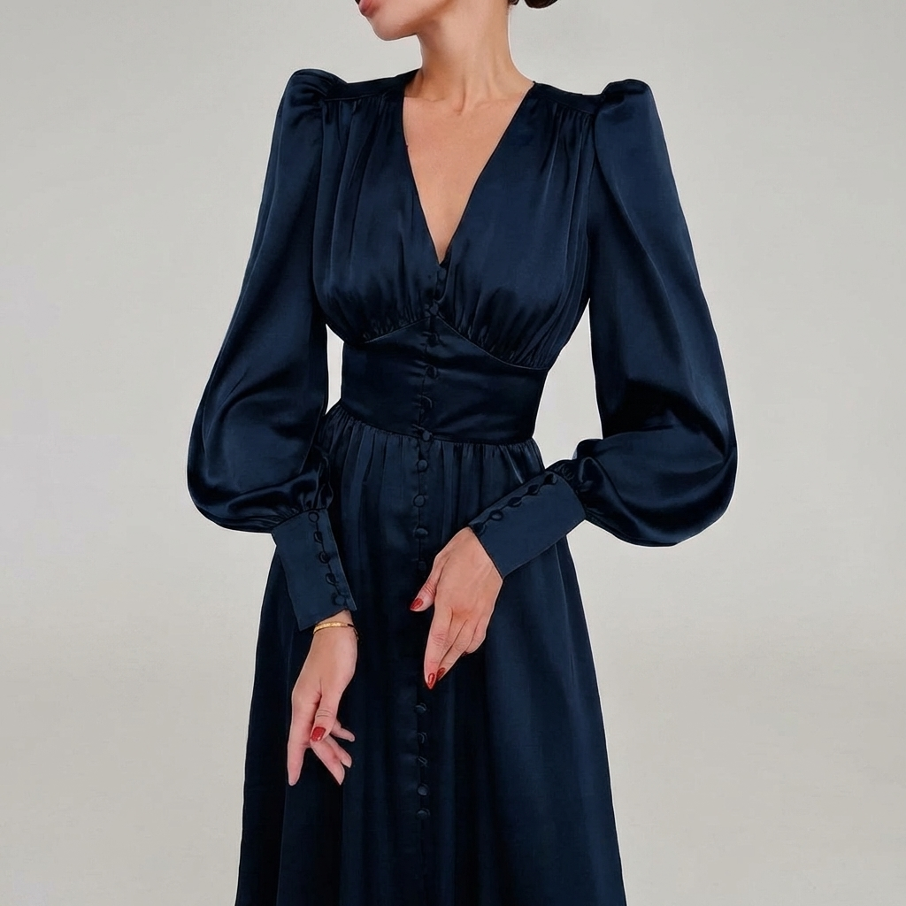 Vestido Maxi de Satén Elegante con Escote en V para Mujeres