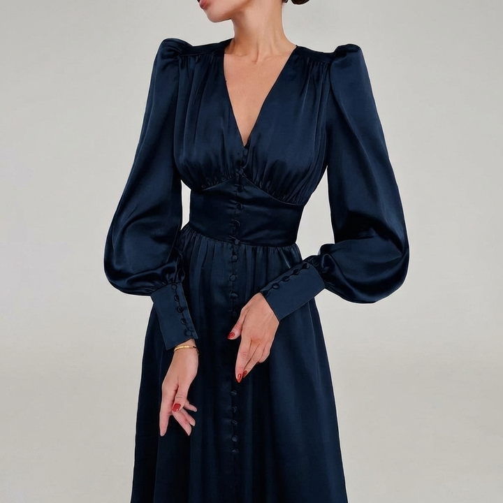 Vestido Maxi de Satén Elegante con Escote en V para Mujeres