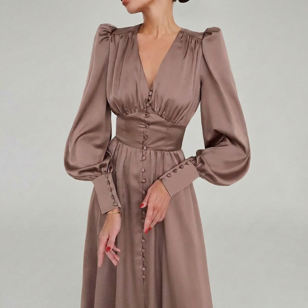 Vestido Maxi de Satén Elegante con Escote en V para Mujeres