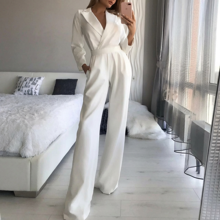 Mono de Cuello en V con Pantalones Anchos para Mujeres