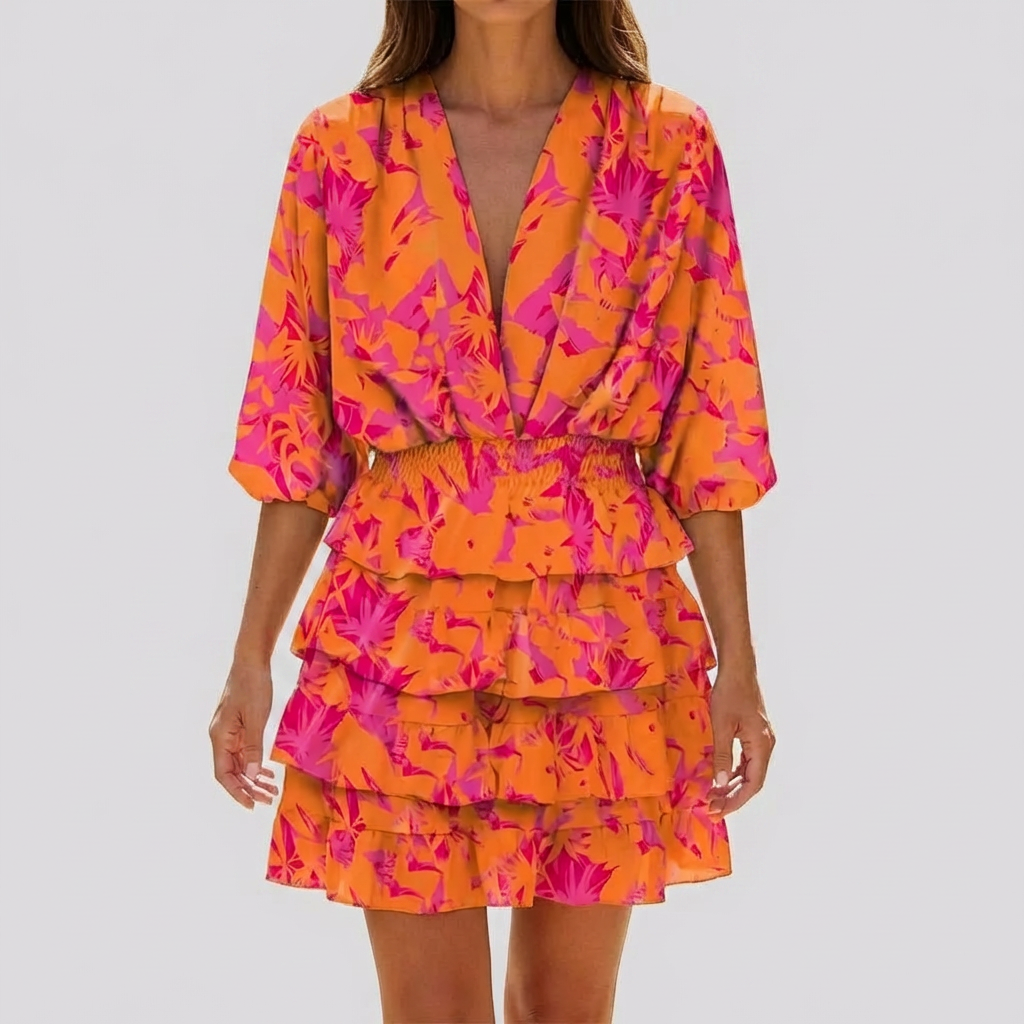 Vestido Mini con Cuello en V y Estampado Geométrico para Mujeres