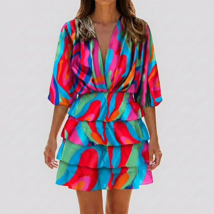 Vestido Mini con Cuello en V y Estampado Geométrico para Mujeres